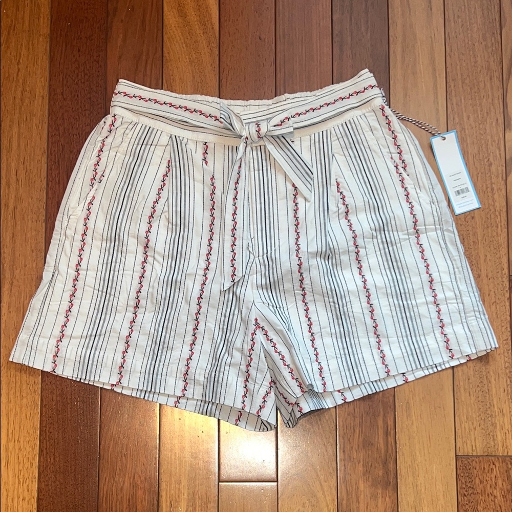 Draper James Women's White Striped Tie-Waist Shorts with Red Stitch Detail
